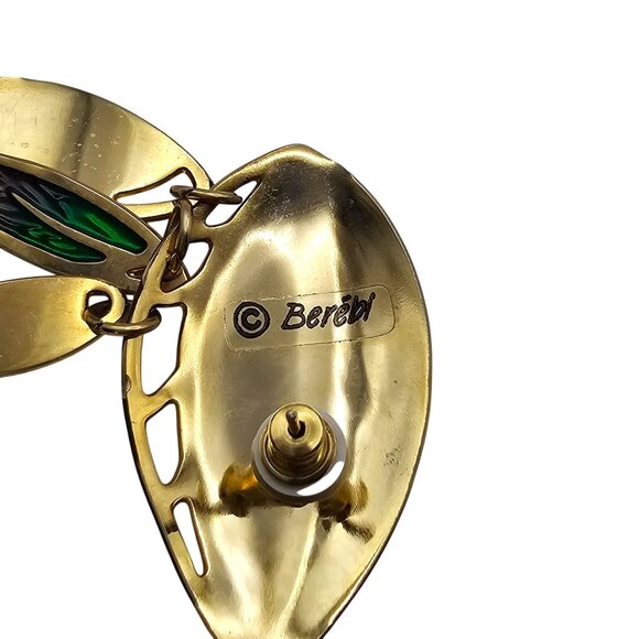Berebi Enamel Leaf Drop Earrings Purple Green Pierced Gold Tone - Picture 8 of 10